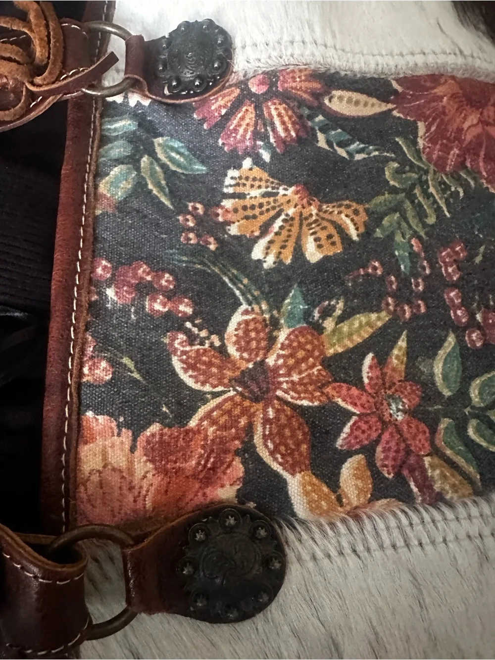 Myra Bag Cowhide/Tapastry Zip Close Large Purse